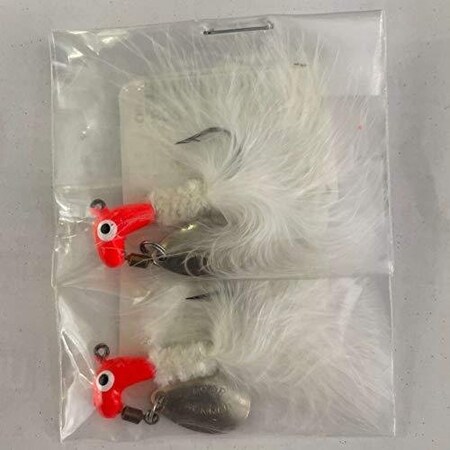 Road Runner Marabou Jig WSpinner, 18 Oz, Fluorescent RedWhite Strip, Strip Card 1003-009